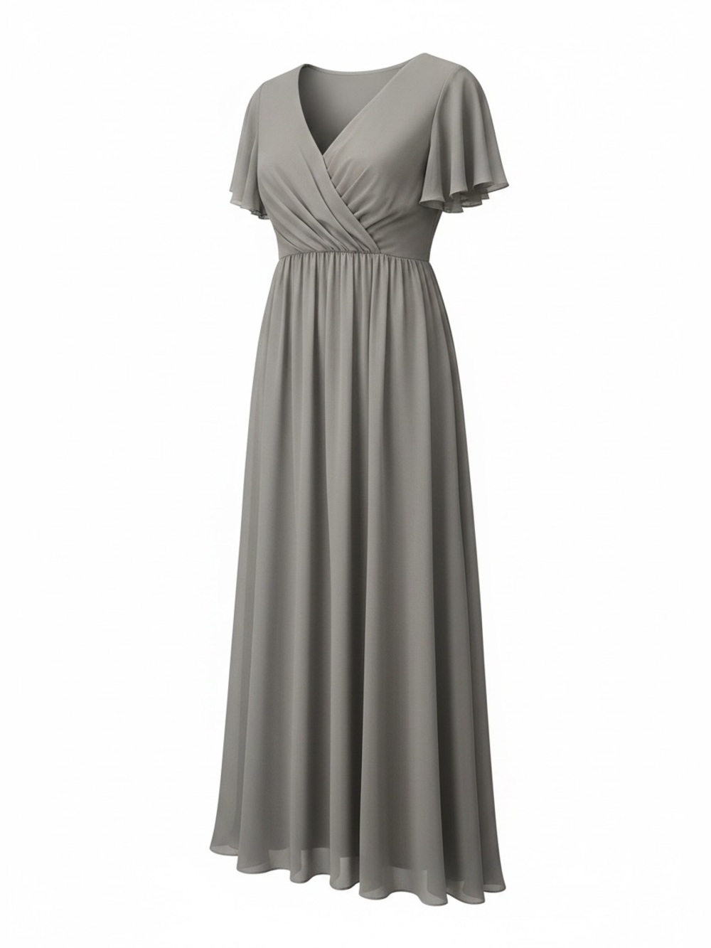 Gray V-Neck A-Line Chiffon Flutter Sleeve Maxi Dress NWOT